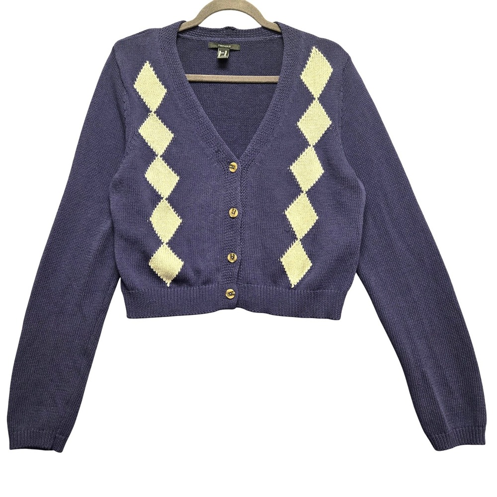 Forever 21 Cardigan Sweater Twee‎ Academia XL Blue Argyle  V-Neck Button Front